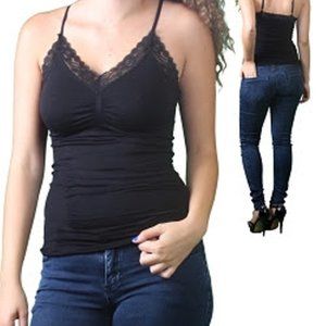 CAMI Black Stretch Spaghetti Strap Lace Trim Cami Waist Top, OS